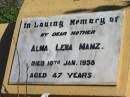 Alma Lena MANZ, died 10 Jan 1958 aged 47 years, mother; Lowood Trinity Lutheran Cemetery (St Mark's Section), Esk Shire 
