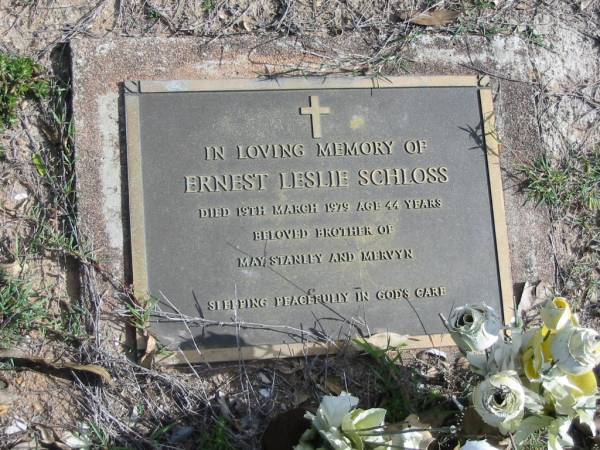 Ernest Leslie SCHLOSS, died 19 March 1979 aged 44 years, brother of May, Stanley & Mervyn;  | Lowood Trinity Lutheran Cemetery (St Mark's Section), Esk Shire  | 