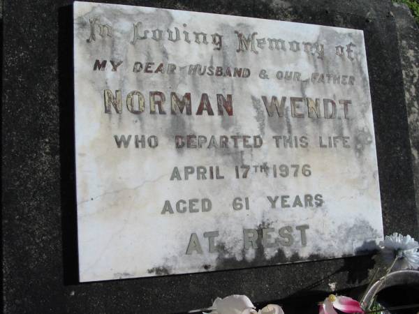 Norman WENDT, died 17 APril 1976 aged 61 years, husband father;  | Lowood Trinity Lutheran Cemetery (St Mark's Section), Esk Shire  | 