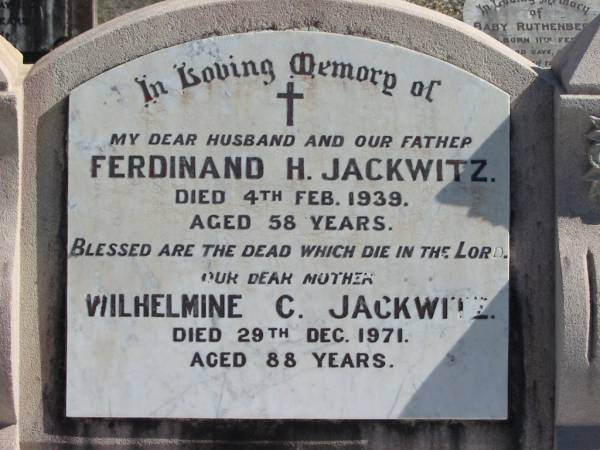 Ferdinand H. JACKWITZ, died 4 Feb 1939 aged 58 years, husband father;  | Wilhelmine C. JACKWITZ, died 29 Dec 1971 aged 88 years, mother;  | Lowood Trinity Lutheran Cemetery (St Mark's Section), Esk Shire  | 