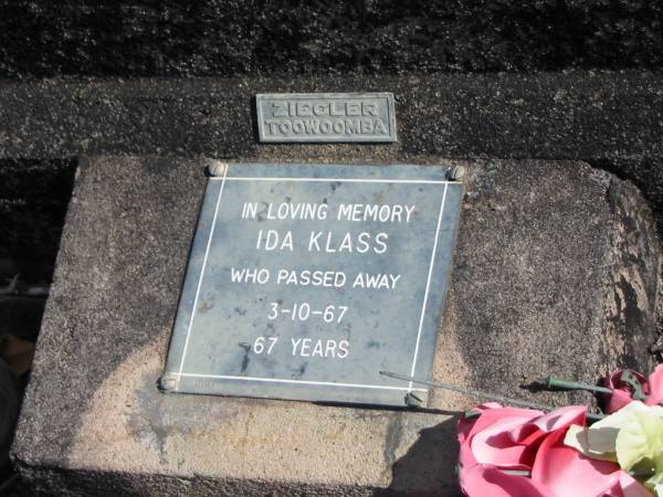 Ida KLASS, died 3-10-67, 67 years;  | Lowood Trinity Lutheran Cemetery (St Mark's Section), Esk Shire  | 