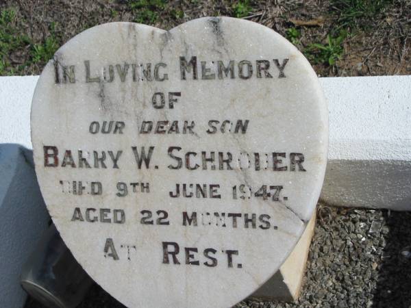 Barry W. SCHRODER, died 9 June 1947 aged 22 months, son;  | Lowood Trinity Lutheran Cemetery (St Mark's Section), Esk Shire  | 