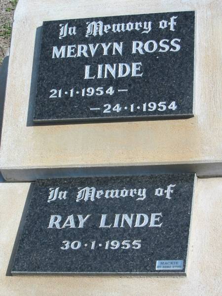 Mervyn Ross LINDE, 21-1-1954 - 24-1-1954;  | Ray LINDE, 30-1-1955;  | Lowood Trinity Lutheran Cemetery (St Mark's Section), Esk Shire  | 