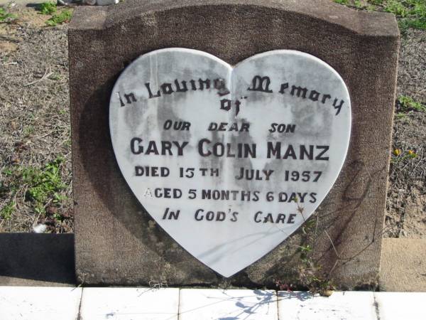 Gary Colin MANZ, died 15 July 1957 aged 5 months 6 days, son;  | Lowood Trinity Lutheran Cemetery (St Mark's Section), Esk Shire  | 