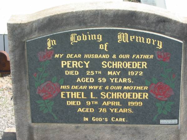 Percy SCHROEDER, died 25 May 1972 aged 59 years, husband father;  | Ethel L. SCHROEDER, died 9 April 1999 aged 78 years, wife mother;  | Lowood Trinity Lutheran Cemetery (St Mark's Section), Esk Shire  | 