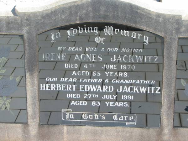 Irene Agnes JACKWITZ, died 4 June 1970 aged 55 years, wife mother;  | Herbert Edward JACKWITZ, died 27 July 1991 aged 83 years, father grandfather;  | Lowood Trinity Lutheran Cemetery (St Mark's Section), Esk Shire  | 