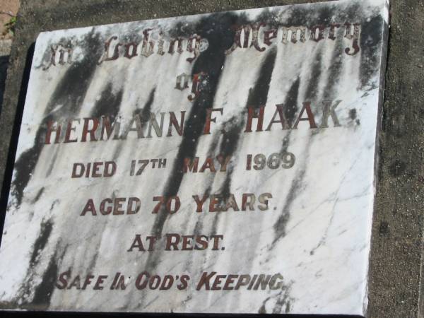 Hermann HAAK, died 17 May 1969 aged 70 years;  | Lowood Trinity Lutheran Cemetery (St Mark's Section), Esk Shire  | 