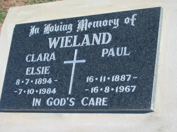 WIELAND;  | Clara Elsie, 8-7-1894 - 7-10-1984;  | Paul, 16-11-1887 - 16-8-1967;  | Lowood Trinity Lutheran Cemetery (St Mark's Section), Esk Shire  | 