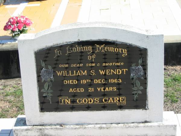 William S. WENDT, died 19 Dec 1963 aged 21 years, son brother;  | Lowood Trinity Lutheran Cemetery (St Mark's Section), Esk Shire  | 