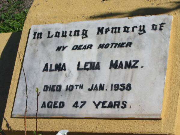 Alma Lena MANZ, died 10 Jan 1958 aged 47 years, mother;  | Lowood Trinity Lutheran Cemetery (St Mark's Section), Esk Shire  | 