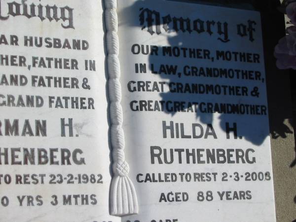 Norman H. RUTHENBERG, died 23-2-1982 aged 70 years 3 months, husband father father-in-law grandfather great-grandfather;  | Hilda H. RUTHENBERG, died 2-3-2003 aged 88 years, mother mother-in-law grandmother great-grandmother great-great-grandmother;  | Lowood Trinity Lutheran Cemetery (St Mark's Section), Esk Shire  | 