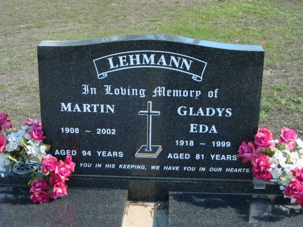 LEHMANN;  | Martin, 1908-2002, aged 94 years;  | Gladys Eda, 1918-1999 aged 81 years;  | Lowood Trinity Lutheran Cemetery (St Mark's Section), Esk Shire  | 