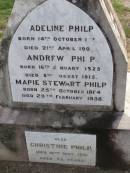 
Adeline PHILP,
born 14 Oct 1858 died 21 April 1902;
Andrew PHILP,
born 16 Jan 1825 died 8 Aug 1915;
Marie Stewart PHILP,
born 25 Oct 1864 died 20 Febb 1938;
Christine PHILP,
died 10 May 1941 aged 72 years;
Ma Ma Creek Anglican Cemetery, Gatton shire
