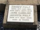 
Andrew PHILP,
born 19 Aug 1861 died 25 Sept 1840;
Jane Caroline Augusta PHILP,
died 9 May 1947 aged 81 years;
Ma Ma Creek Anglican Cemetery, Gatton shire
