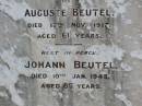 
Auguste BEUTEL,
died 17 Nov 1917 aged 61 years;
Johann BEUTEL,
died 10 Jan 1943 aged 85 years;
Ma Ma Creek Anglican Cemetery, Gatton Shire
