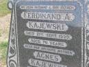 
Ferdinand A. KAJEWSKI, husband father,
died 21 Sept 1939 aged 76 years;
Agnes KAJEWSKI, mother,
died 26 July 1947 aged 76 years;
Ma Ma Creek Anglican Cemetery, Gatton shire
