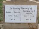 
Albert SCOTT,
1873 - 1925;
Elizabeth R. SCOTT,
1867 - 1954;
Ma Ma Creek Anglican Cemetery, Gatton shire
