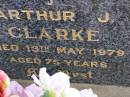 
Arthur J. CLARKE,
died 13 May 1979 aged 75 years;
Ma Ma Creek Anglican Cemetery, Gatton shire
