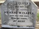 
Marie CLARKE,
died 12 Sept 1926 aged 55 years;
Richard W. CLARKE,
died 16 Feb 1949 aged 92 years;
Ma Ma Creek Anglican Cemetery, Gatton shire
