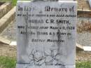 
Thomas C.R. SMITH, husband father,
died 11 March 1928 aged 66 years 5 months;
Marian, wife,
died 26 Feb 1932 aged 70 years;
Ma Ma Creek Anglican Cemetery, Gatton shire

