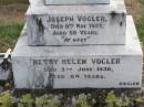 
Joseph VOGLER,
died 8 May 1929 aged 58 years;
Betsy Helen VOGLER,
died 5 June 1936 aged 64 years;
Ma Ma Creek Anglican Cemetery, Gatton shire
