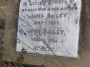 
Laura BAILEY, wife mother,
1867 - 1943;
John BAILEY,
1864 - 1934;
Ma Ma Creek Anglican Cemetery, Gatton shire
