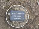 
M.A. LARSEN, female,
died 4-4-1952 aged 52 years;
Ma Ma Creek Anglican Cemetery, Gatton shire
