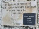
Frederick Henry BOURBON,
1882 - 1942;
Louisa BOURBON (nee AVIS),
died 10-7-1965 aged 77 years;
Ma Ma Creek Anglican Cemetery, Gatton shire

