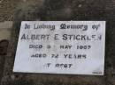 
Albert E. STICKLEN,
died 9 May 1957 aged 72 years;
Ma Ma Creek Anglican Cemetery, Gatton shire
