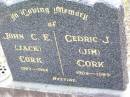 
John C.E. (Jack) CORK,
1907 - 1984;
Cedric J. (Jim) CORK,
1909 - 1989;
Ma Ma Creek Anglican Cemetery, Gatton shire

