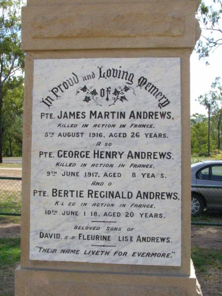 James Martin ANDREWS,  | killed in action France  | 5 August 1916 aged 26 years;  | George Henry ANDREWS,  | killed in action France  | 9 June 1917 aged 28 years;  | Bertie Reginald ANDREWS,  | killed in action France  | 10 June 1918 aged 20 years;  | sons of David & Fleurine Elise ANDREWS;  | Ma Ma Creek Anglican Cemetery, Gatton shire  | 