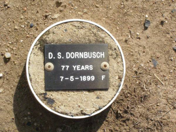 D.S. DORNBUSCH, female,  | died 7-5-1899 died 77 years;  | Ma Ma Creek Anglican Cemetery, Gatton shire  | 
