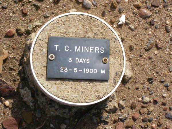 T.C. MINERS, male,  | died 23-5-1900 aged 3 days;  | Ma Ma Creek Anglican Cemetery, Gatton shire  | 