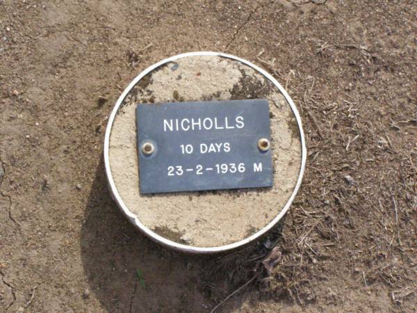 NICHOLLS, male,  | died 23-2-1936 aged 10 days;  | Ma Ma Creek Anglican Cemetery, Gatton shire  | 