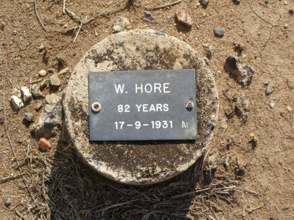 W. HORE, male,  | died 17-9-1931 aged 82 years;  | Ma Ma Creek Anglican Cemetery, Gatton shire  | 