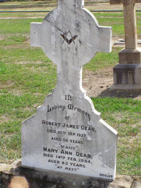 Robert James DEAR,  | died 26 Sept 1922 aged 58 years;  | Mary Ann DEAR,  | died 14 Feb 1954 gaed 83 years;  | Ma Ma Creek Anglican Cemetery, Gatton shire  | 