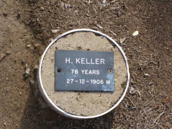 H. KELLER, male,  | died 27-12-1906 aged 76 years;  | Ma Ma Creek Anglican Cemetery, Gatton shire  | 