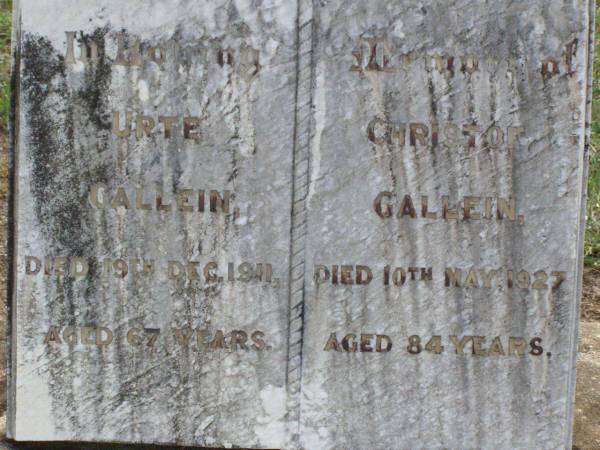 Urte GALLEIN,  | died 19 Dec 1911 aged 67 years;  | Christof GALLEIN,  | died 10 May 1927 aged 84 years;  | Ma Ma Creek Anglican Cemetery, Gatton shire  |   | 