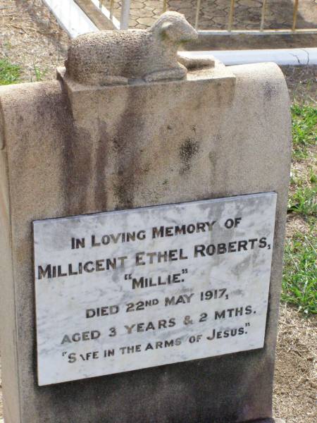 Millicent Ethel (Millie) ROBERTS,  | died 22 May 1917 aged 3 years 2 months;  | Ma Ma Creek Anglican Cemetery, Gatton shire  | 