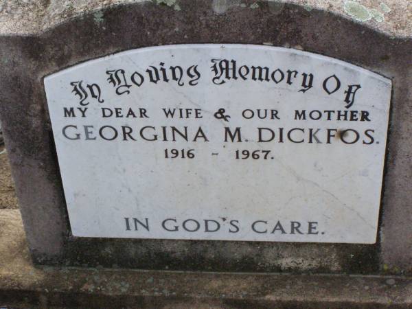 Georgina M. DICKFOS, wife mother,  | 1916-1967;  | Ma Ma Creek Anglican Cemetery, Gatton shire  | 