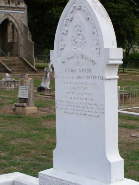 Emma Speck,  | wife of John CHAPPELL,  | died 14 July 1915 aged 30 years;  | Ma Ma Creek Anglican Cemetery, Gatton shire  | 