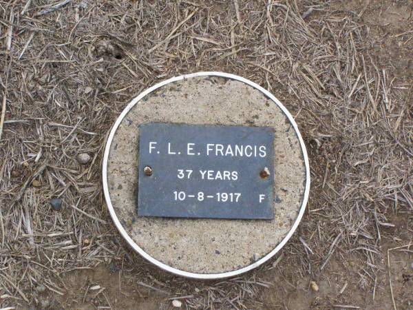 F.L.E. FRANCIS, female,  | died 10-8-1917 aged 37 years;  | Ma Ma Creek Anglican Cemetery, Gatton shire  | 