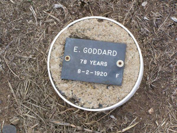 E. GODDARD, female,  | died 8-2-1920 aged 78 years;  | Ma Ma Creek Anglican Cemetery, Gatton shire  | 