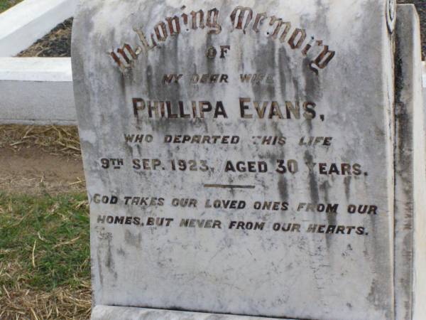 Phillipa EVANS, wife,  | died 9 Sept 1923 aged 30 years;  | Ma Ma Creek Anglican Cemetery, Gatton shire  | 