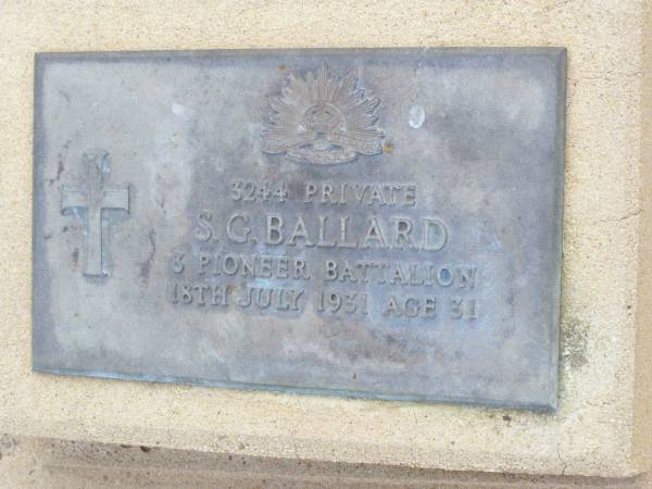 S.G. BALLARD,  | died 18 July 1931 aged 31 years;  | Ma Ma Creek Anglican Cemetery, Gatton shire  | 