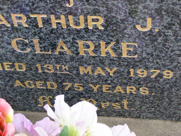 Arthur J. CLARKE,  | died 13 May 1979 aged 75 years;  | Ma Ma Creek Anglican Cemetery, Gatton shire  | 