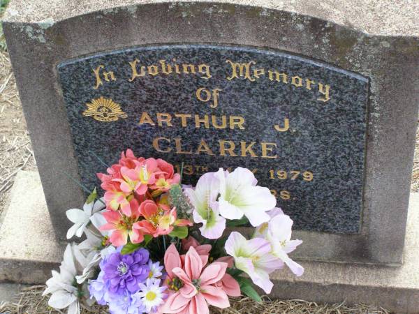 Arthur J. CLARKE,  | died 13 May 1979 aged 75 years;  | Ma Ma Creek Anglican Cemetery, Gatton shire  | 