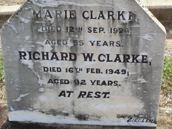 Marie CLARKE,  | died 12 Sept 1926 aged 55 years;  | Richard W. CLARKE,  | died 16 Feb 1949 aged 92 years;  | Ma Ma Creek Anglican Cemetery, Gatton shire  | 