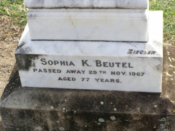 Otto A. BEUTEL,  | died 30 Jan 1927 aged 39 years;  | Sophia K. BEUTEL,  | died 20 Nov 1967 aged 77 years;  | Ma Ma Creek Anglican Cemetery, Gatton shire  | 