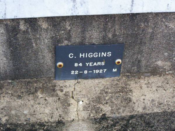 Annie HIGGINS, mother,  | died 10 Sept 1929 aged 65 years;  | C. HIGGINS, male,  | died 22-8-1927 aged 84 years;  | Ma Ma Creek Anglican Cemetery, Gatton shire  | 